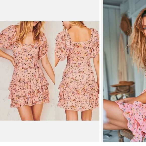Loveshackfancy Kimbra Ruffle Floral Sunset Pink Silk Mini pop over dress - Picture 5 of 16